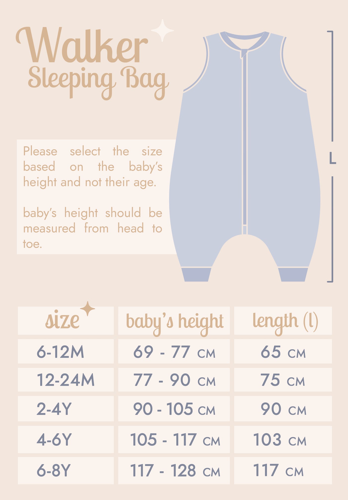 Size guide – Up & Away- Sleeveless Summer/Spring Walker Sleeping Bag