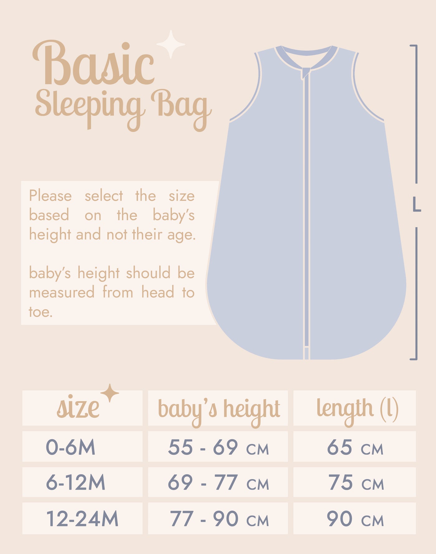 Size guide – Dino Doodles- Sleeveless Summer/Spring Basic Sleeping Bag